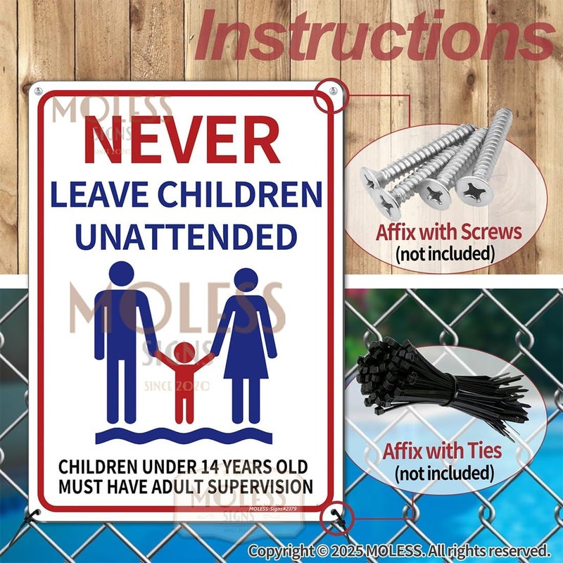 MOLESS 2 Pack Pool Safety Signs Bundle – 14x10 Inch Pool Signs for Outside Outdoor Decor, No Lifeguard on Duty & Child Supervision, Durable 0.040 Aluminum Weatherproof, Easy to Mount, PSP-2302 - Image 4